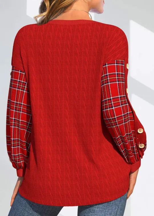 Elise | Red Knit with Checked Sleeves