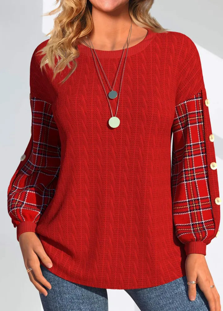 Elise | Red Knit with Checked Sleeves