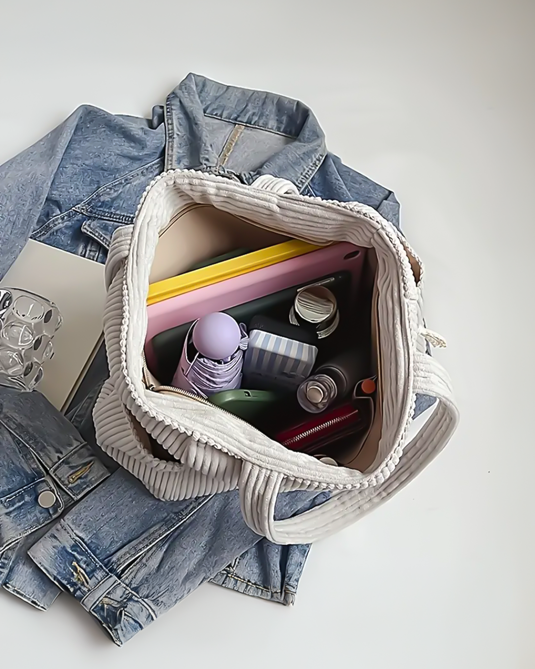 Valentina | Ribbed tote bag with drawstring detail