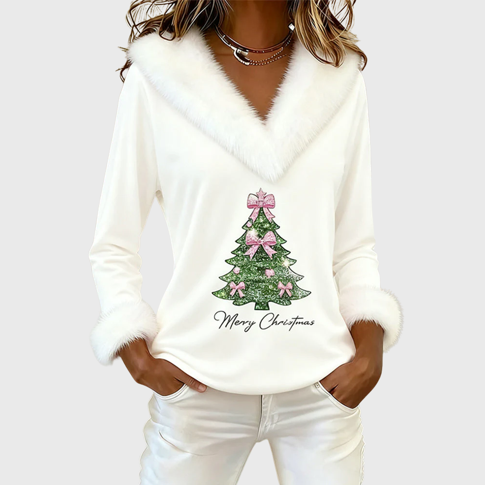 Large Fur Collar Christmas Print Top